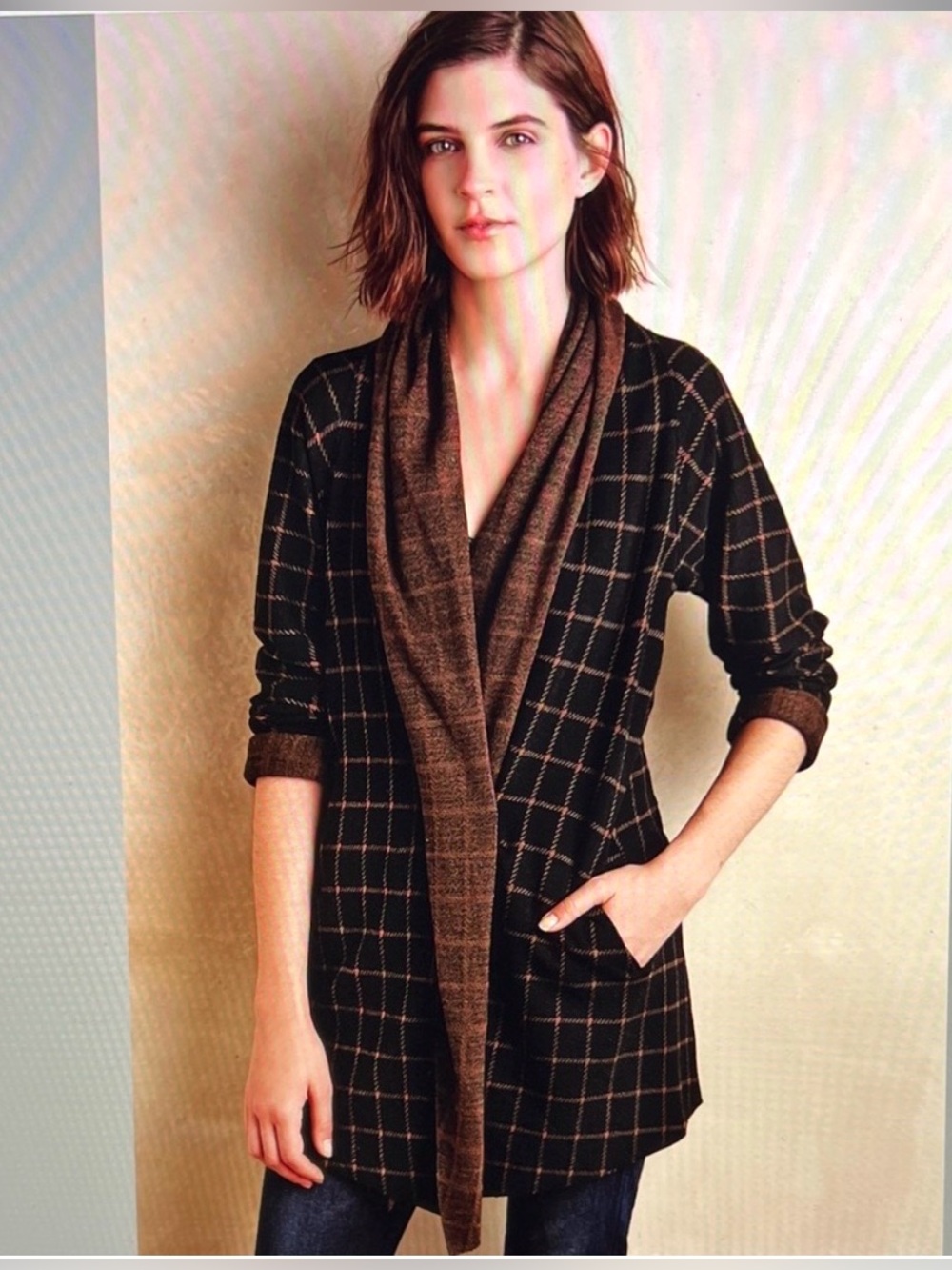 Anthropologie Sanctuary Black & Brown Plaid Shawl Jacket, Size Medium